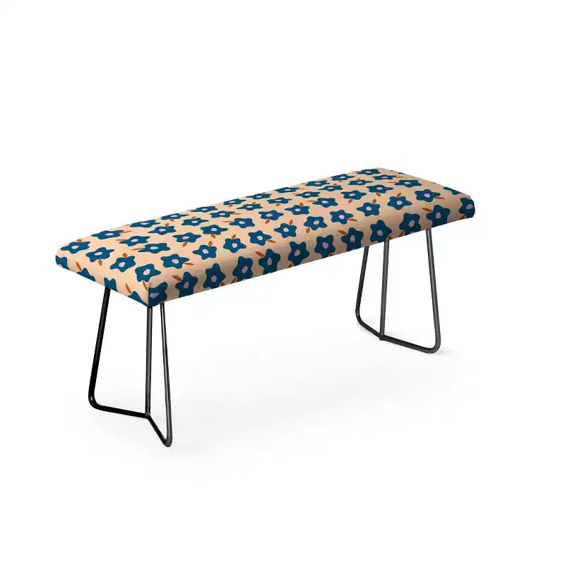 Banc rembourré "Wonky Blue Spring Flowers", similicuir, pieds en acier, 117 cm (L) x 41 cm (P) x 46 cm (H), capacité de 113 kg