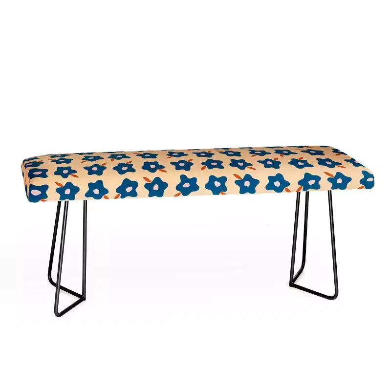 Banc rembourré "Wonky Blue Spring Flowers", similicuir, pieds en acier, 117 cm (L) x 41 cm (P) x 46 cm (H), capacité de 113 kg