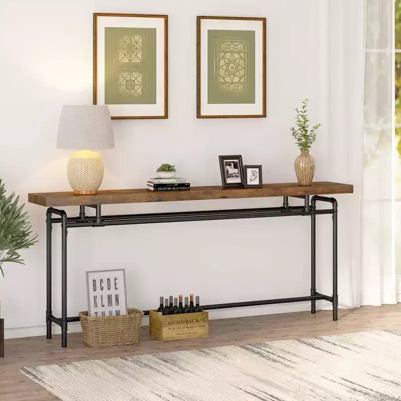 Console extra longue industrielle de 70,9 po, plateau en MDF avec cadre en acier, brun/noir