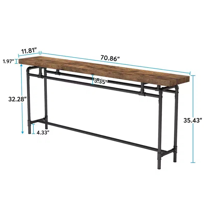 Console extra longue industrielle de 70,9 po, plateau en MDF avec cadre en acier, brun/noir