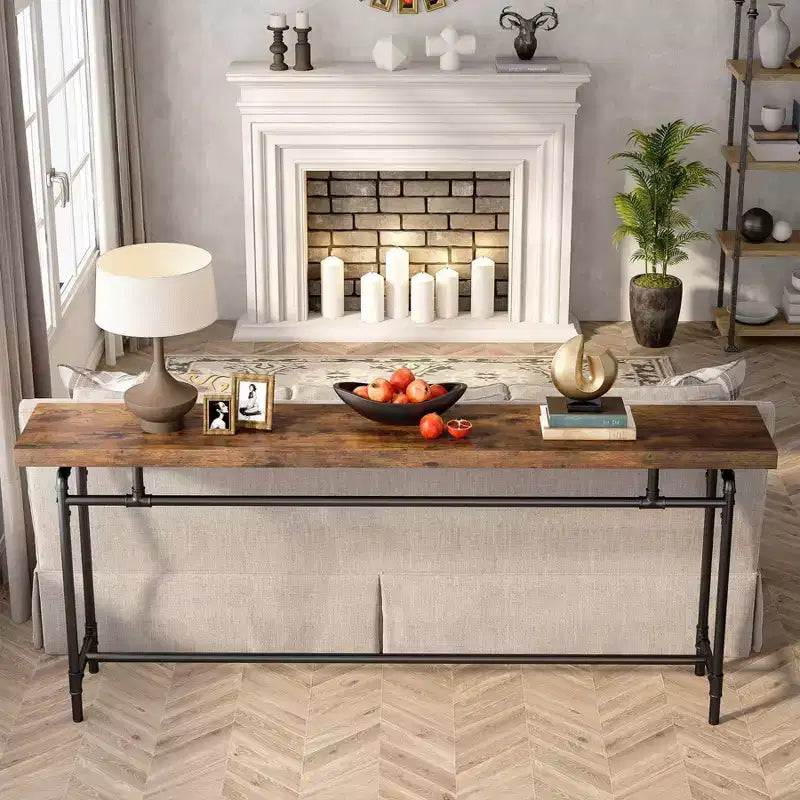 Console extra longue industrielle de 70,9 po, plateau en MDF avec cadre en acier, brun/noir