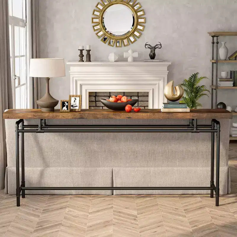Console extra longue industrielle de 70,9 po, plateau en MDF avec cadre en acier, brun/noir
