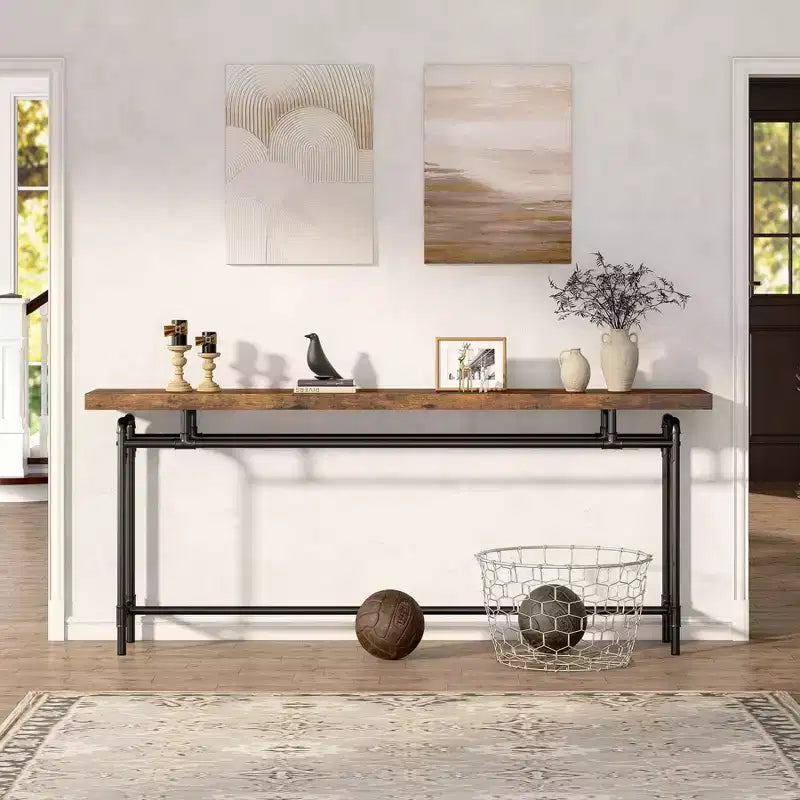 Console extra longue industrielle de 70,9 po, plateau en MDF avec cadre en acier, brun/noir