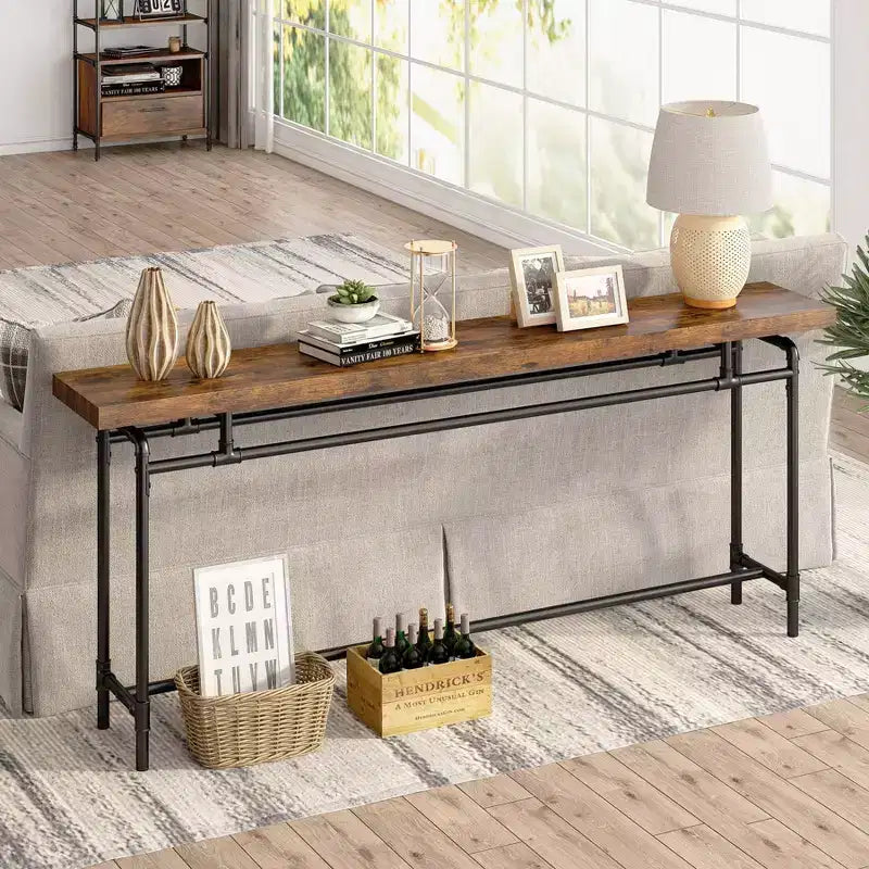 Console extra longue industrielle de 70,9 po, plateau en MDF avec cadre en acier, brun/noir