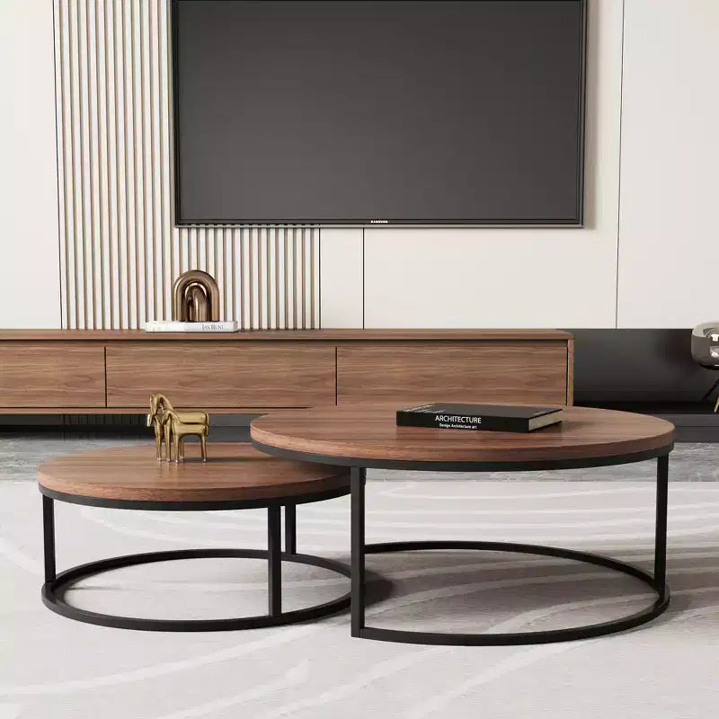 Table basse ronde gigogne, couleur noyer