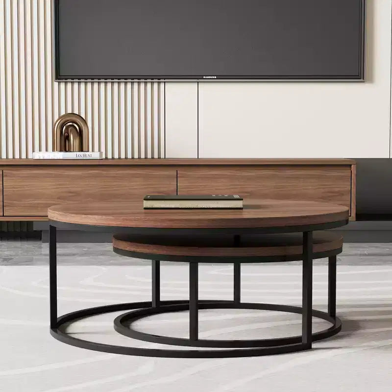 Table basse ronde gigogne, couleur noyer