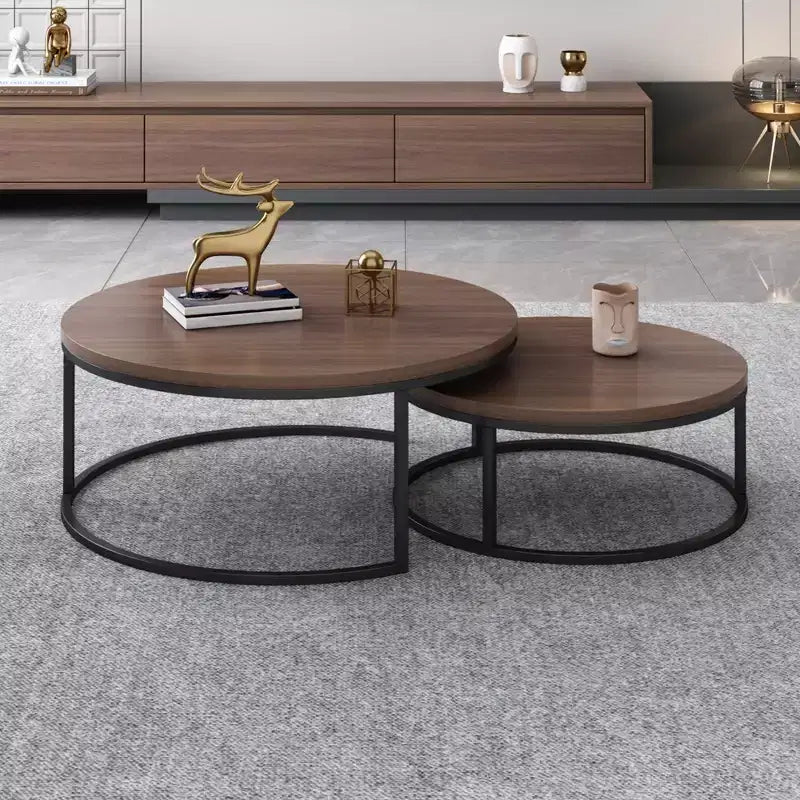 Table basse ronde gigogne, couleur noyer
