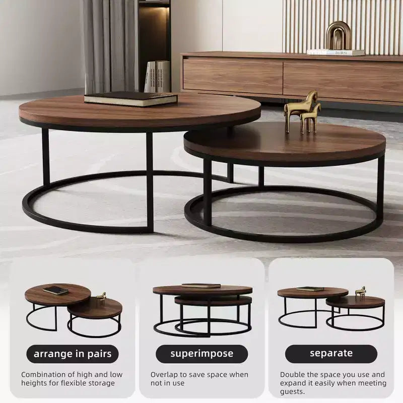 Table basse ronde gigogne, couleur noyer