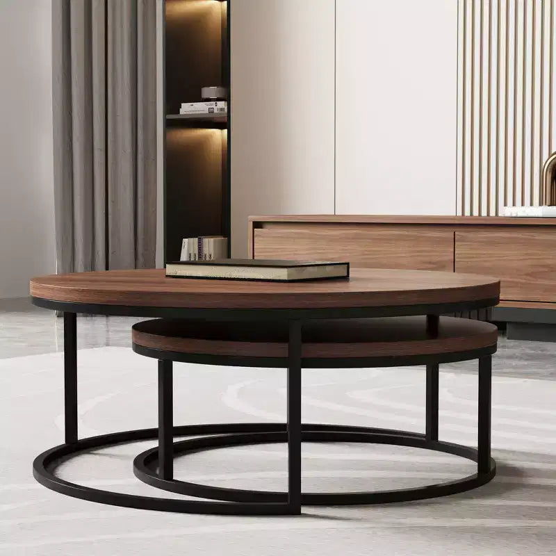 Table basse ronde gigogne, couleur noyer