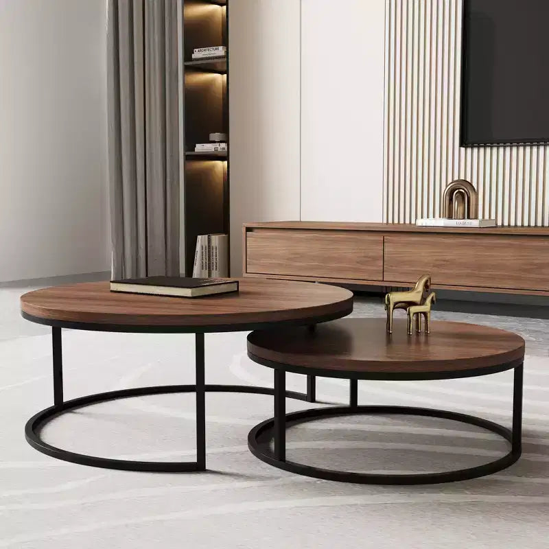 Table basse ronde gigogne, couleur noyer