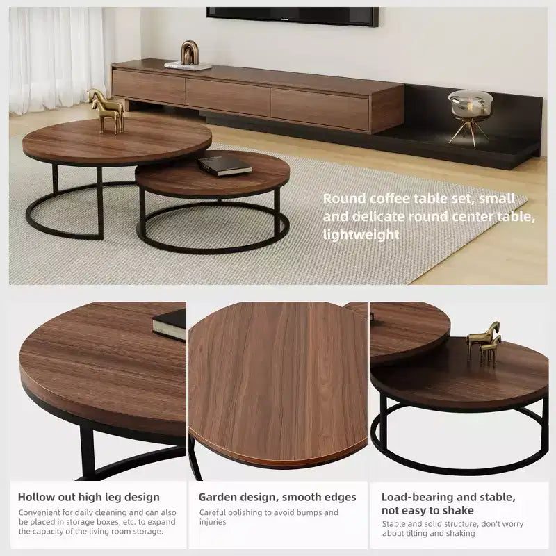 Table basse ronde gigogne, couleur noyer